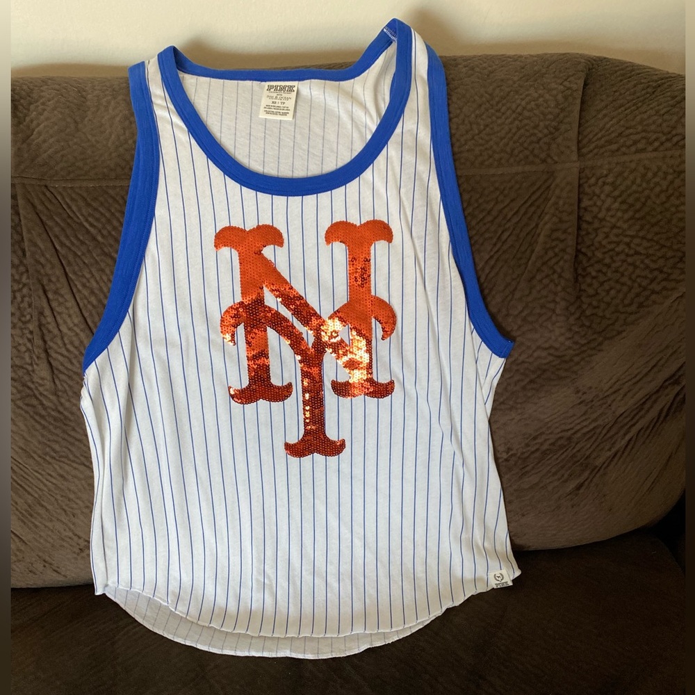 PINK Victoria's Secret Blue and White Tank Top with Orange Sequin NY Mets Logo